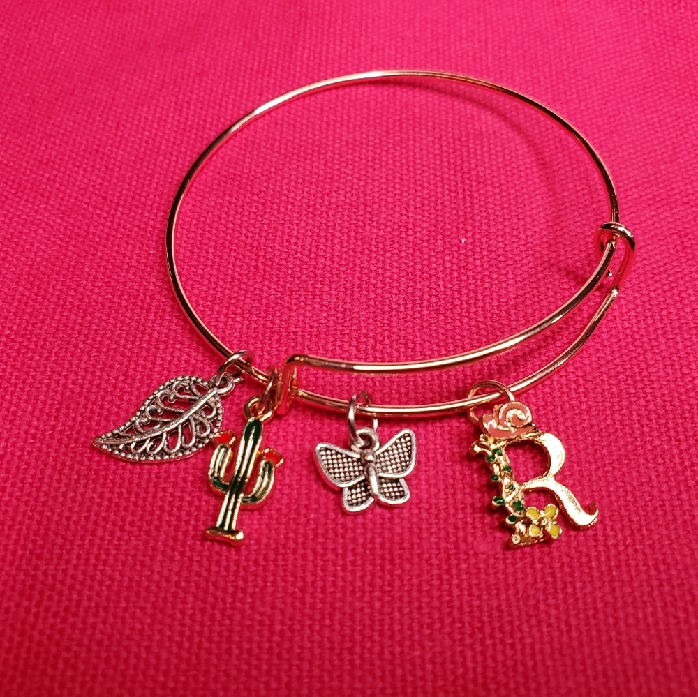 Handmade Expandable Rose Gold Bangle w/ Letter R Charm
